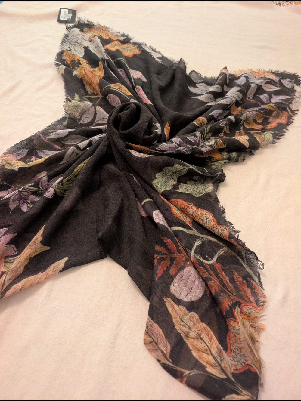 Echo Wool Blend Floral Black Lightweight Scarf with Fringe OS